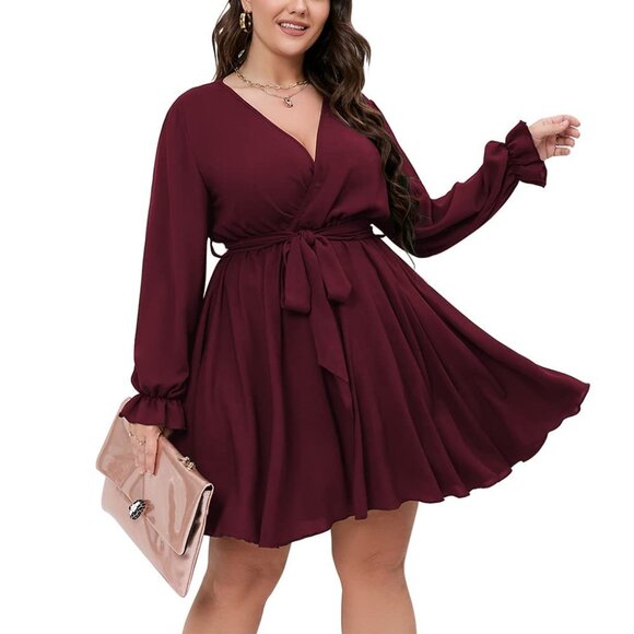 Women's Plus Size 3XL Long Sleeve Wrap V Neck Tie Waist A Line Dress Burgundy - Picture 3 of 11